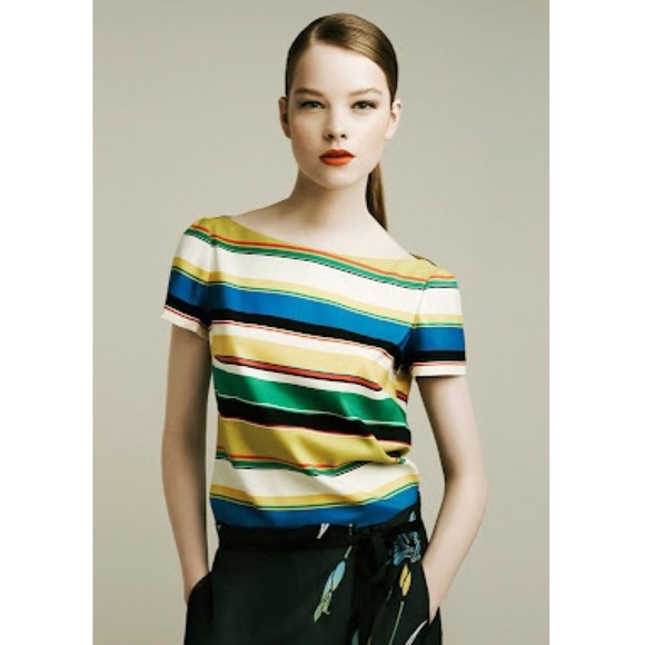 Zara Horizontal Striped Multicolor Boat Neck Y2K Retro Blouse Office Siren XS - Picture 1 of 9